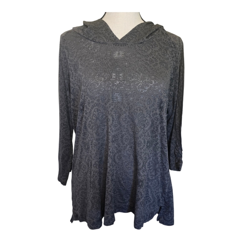 Columbia Women’s Sheer Floral Hooded 3/4 sleeve Shirt Charcoal Black Size Large